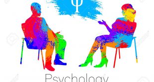 The psychologist and the client. Psychotherapy. Psycho therapeutic session. Psychological counseling. Man woman talking while sitting. Silhouette.Rainbow brush profile. Design concept sign modern.